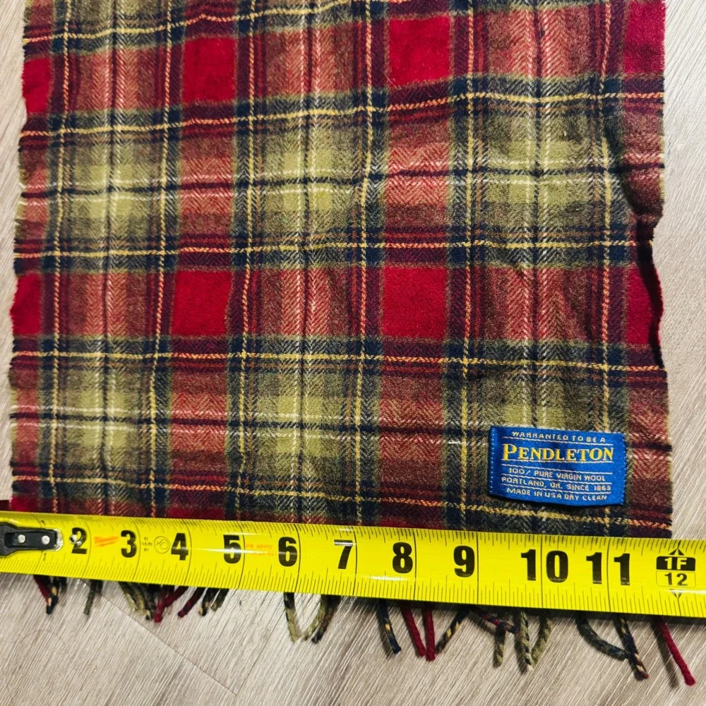Pendleton Red Green Plaid Wool Scarf Made in USA Virgin Wool Fringe Trim